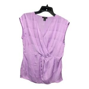 HALOGEN Top Blouse SMALL V-Neck Cap Sleeve Satin Plaid Side Zip Surplice